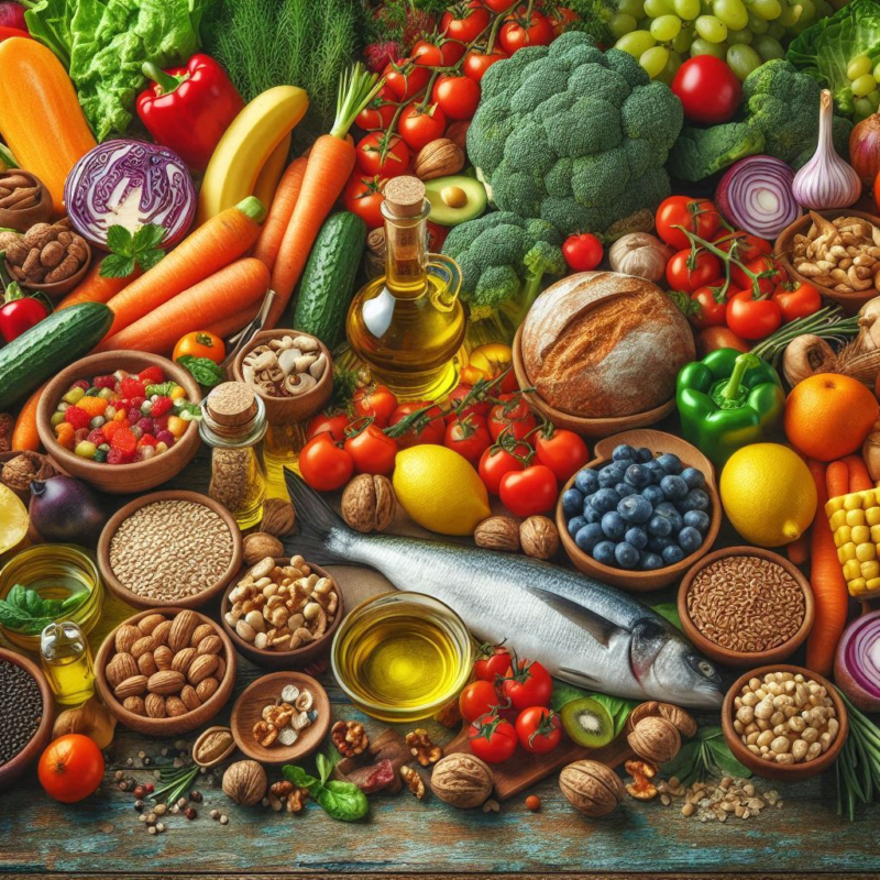 Collage of various Mediterranean diet foods including fresh fruits, vegetables, whole grains, nuts, seeds, olive oil, fish, and lean meats.