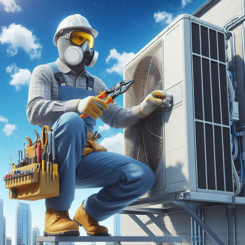 A realistic depiction of an HVAC maintenance technician performing on an outdoor air conditioning unit to enhance efficiency and reduce energy costs.