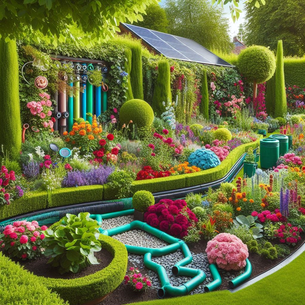 Smart Landscaping: A realistic depiction of a well-landscaped yard with shade trees, shrubs near the home, and a water-efficient garden showcasing smart landscaping techniques.