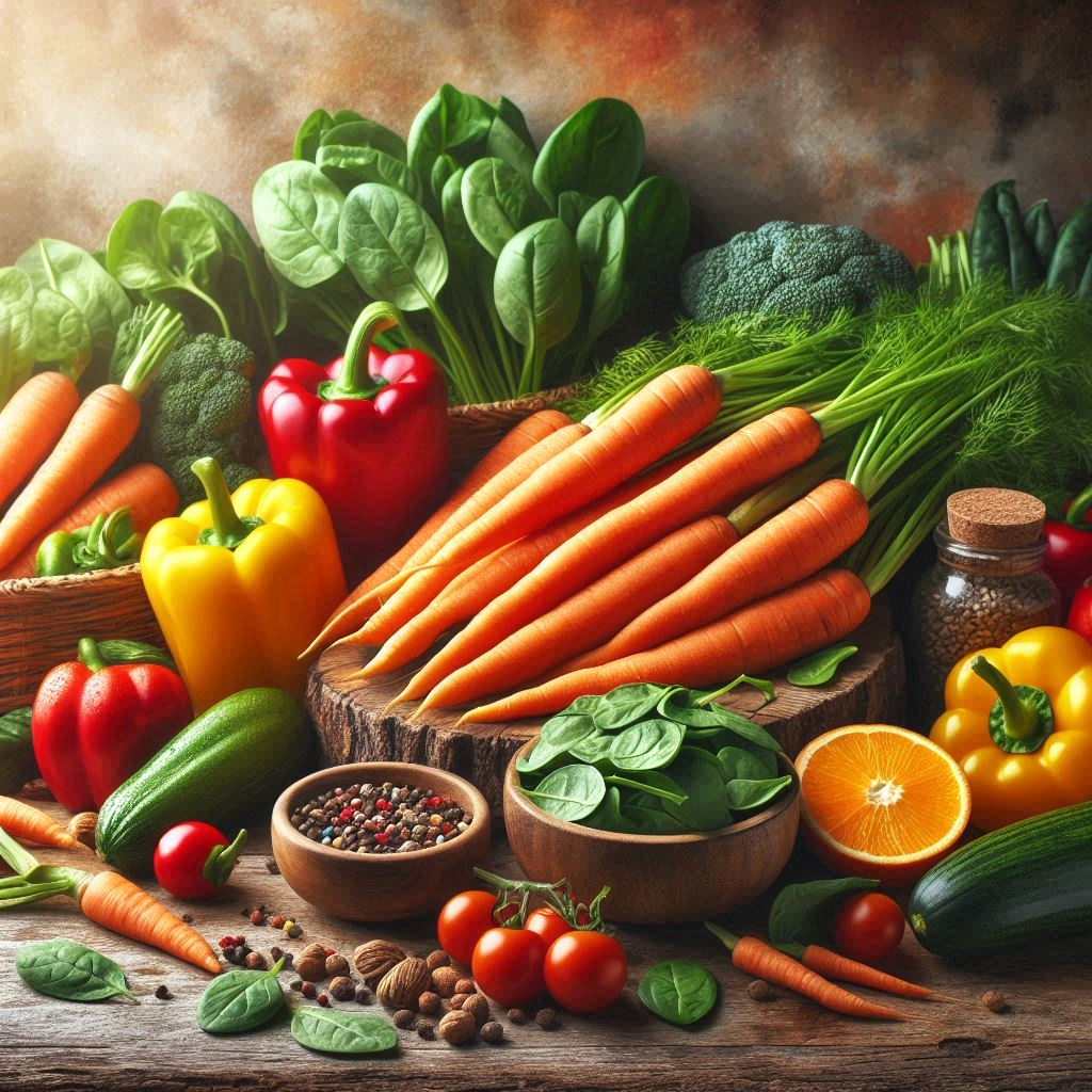 A vibrant assortment of Vitamin A-rich foods, including carrots, sweet potatoes, spinach, kale, eggs, and a slice of beef liver, beautifully arranged on a rustic wooden table.