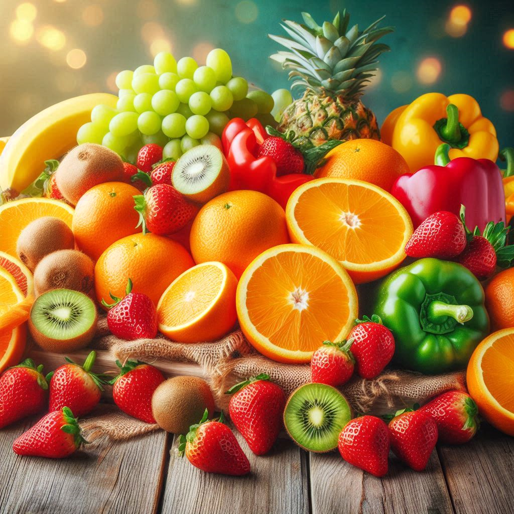 A vibrant assortment of Vitamin C-rich foods, including oranges, kiwifruit, bell peppers, strawberries, and broccoli, arranged beautifully on a rustic wooden surface.