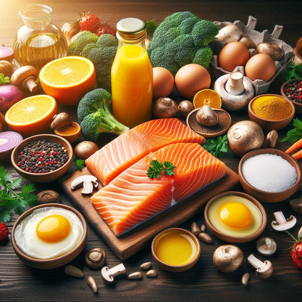 A colorful spread of Vitamin D-rich foods, including salmon, eggs, mushrooms, and fortified orange juice, arranged on a wooden table.