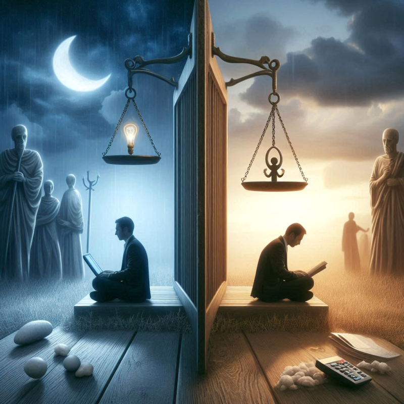 A person sitting thoughtfully on a bench in a tranquil park, with sunlight filtering through the trees, symbolizing the contrast between loneliness and solitude.