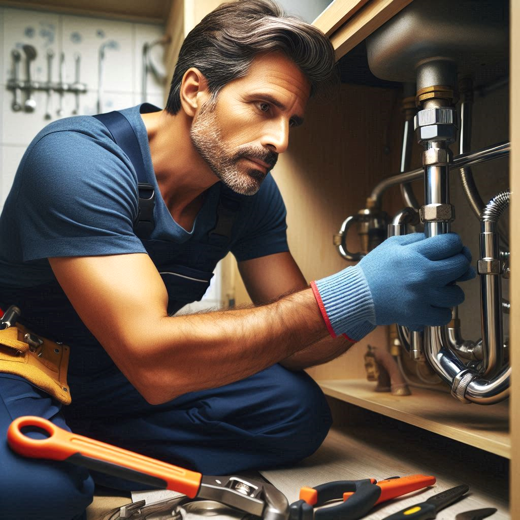 Preventative Plumbing: A realistic depiction of a plumber repairing pipes under a sink, ensuring proper maintenance to prevent leaks and water damage.