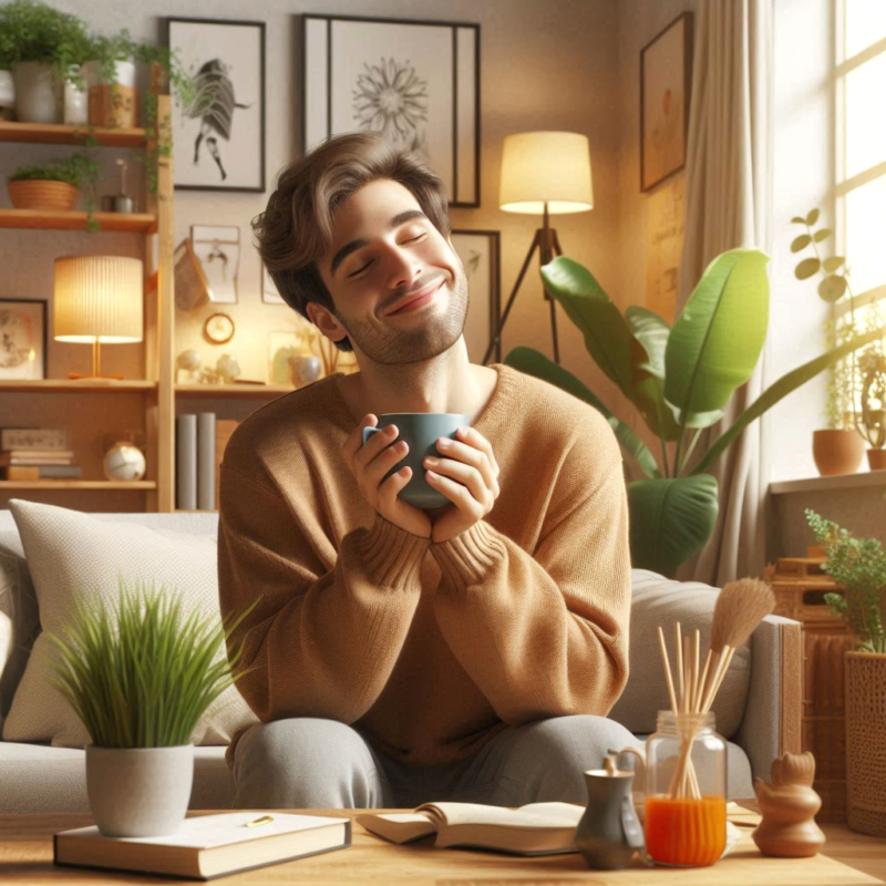 A cheerful person enjoying their cozy, well-decorated living space with books, plants, and sunlight streaming through a window, symbolizing thriving in solitude.